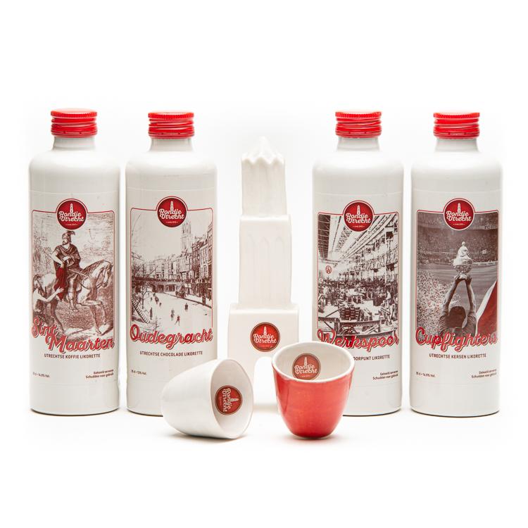 Rondje Utrecht likorette drank flessen pakket + rondje Utrecht likeur glaasjes en Rondje Utrecht keramieken Domtoren