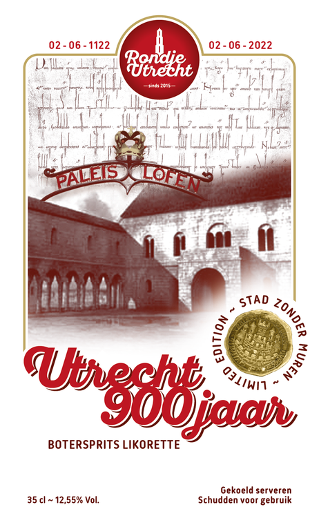 Utrecht 900 jaar Limited Edition Utrechtse Botersprits likorette 

900 jaar stadsrechten wordt gevierd van 2 juni 2022 t/m 11 november 2022 met het thema ‘Stad zonder grenzen’. Voor deze feestelijke gebeurtenis heeft Rondje Utrecht een limited edition likorette uitgebracht met de smaak van de typisch Utrechtse botersprits.

Op 2 juni 2022, de 900ste verjaardag van de stad Utrecht, opent Paleis Lofen i.s.m. DOMunder haar deuren voor bezoekers om de geschiedenis zichtbaar te maken. De eigenaar Stadsherstel Utrecht verwierf recent een gedeelte van de kelders met daarin resten van het voormalige souterrain (begane grond) van het keizerlijk paleis. De oude muren en de ‘Pilaren van Walden’ van Paleis Lofen bevinden zich in kelders onder de gebouwen tussen het Domplein en de Vismarkt. Hier vindt je ook de toegangspoort naar het vroegere paleis. Lofen is waarschijnlijk vernoemd naar de benaming die men gebruikte voor de boogachte constructie. Van vulkanisch tufsteen & zand

'Rondje Utrecht' bestaat uit 12 verschillende smaken. Iedere smaak heeft een Utrechts karakter gekoppeld aan bijvoorbeeld een Utrechts gebouw, plek, gebeurtenis, geschiedenis etc. Zo proeft u de smaken & geschiedenis van Utrecht.

De likorette van Rondje Utrecht is een laag alcoholhoudende likeur.
