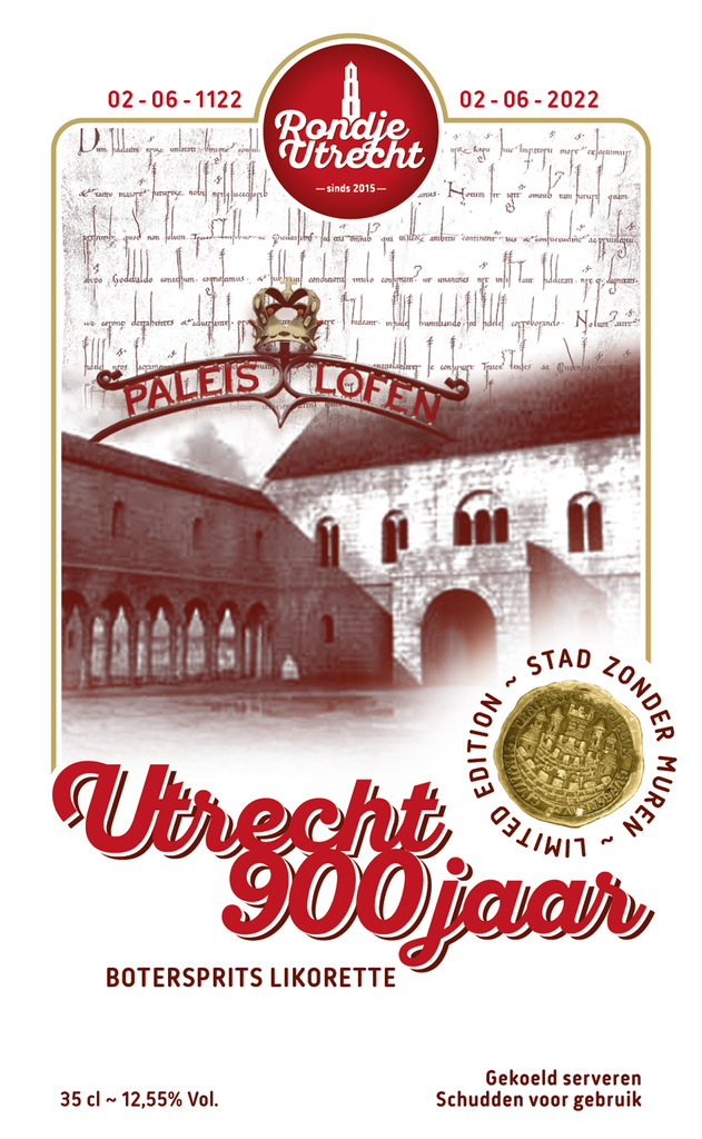 Utrecht 900 jaar Limited Edition Utrechtse Botersprits likorette 

900 jaar stadsrechten wordt gevierd van 2 juni 2022 t/m 11 november 2022 met het thema ‘Stad zonder grenzen’. Voor deze feestelijke gebeurtenis heeft Rondje Utrecht een limited edition likorette uitgebracht met de smaak van de typisch Utrechtse botersprits.

Op 2 juni 2022, de 900ste verjaardag van de stad Utrecht, opent Paleis Lofen i.s.m. DOMunder haar deuren voor bezoekers om de geschiedenis zichtbaar te maken. De eigenaar Stadsherstel Utrecht verwierf recent een gedeelte van de kelders met daarin resten van het voormalige souterrain (begane grond) van het keizerlijk paleis. De oude muren en de ‘Pilaren van Walden’ van Paleis Lofen bevinden zich in kelders onder de gebouwen tussen het Domplein en de Vismarkt. Hier vindt je ook de toegangspoort naar het vroegere paleis. Lofen is waarschijnlijk vernoemd naar de benaming die men gebruikte voor de boogachte constructie. Van vulkanisch tufsteen & zand

'Rondje Utrecht' bestaat uit 12 verschillende smaken. Iedere smaak heeft een Utrechts karakter gekoppeld aan bijvoorbeeld een Utrechts gebouw, plek, gebeurtenis, geschiedenis etc. Zo proeft u de smaken & geschiedenis van Utrecht.

De likorette van Rondje Utrecht is een laag alcoholhoudende likeur.