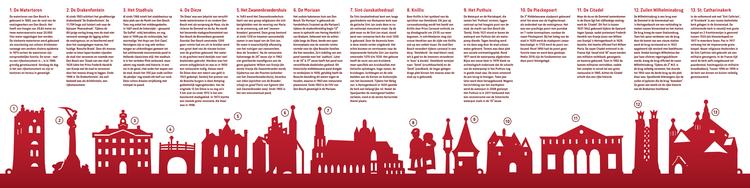 Den Bosch ('s-Hertogenbosch) skyline horizontaal in hout of acryl in de kleuren rood wit of zwart