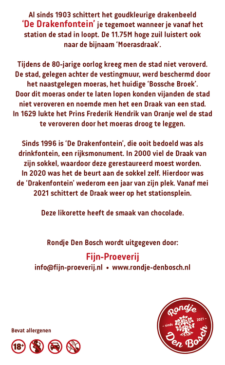 Rondje Den Bosch De Bossche Draak chocolade likorette etiket achterzijde