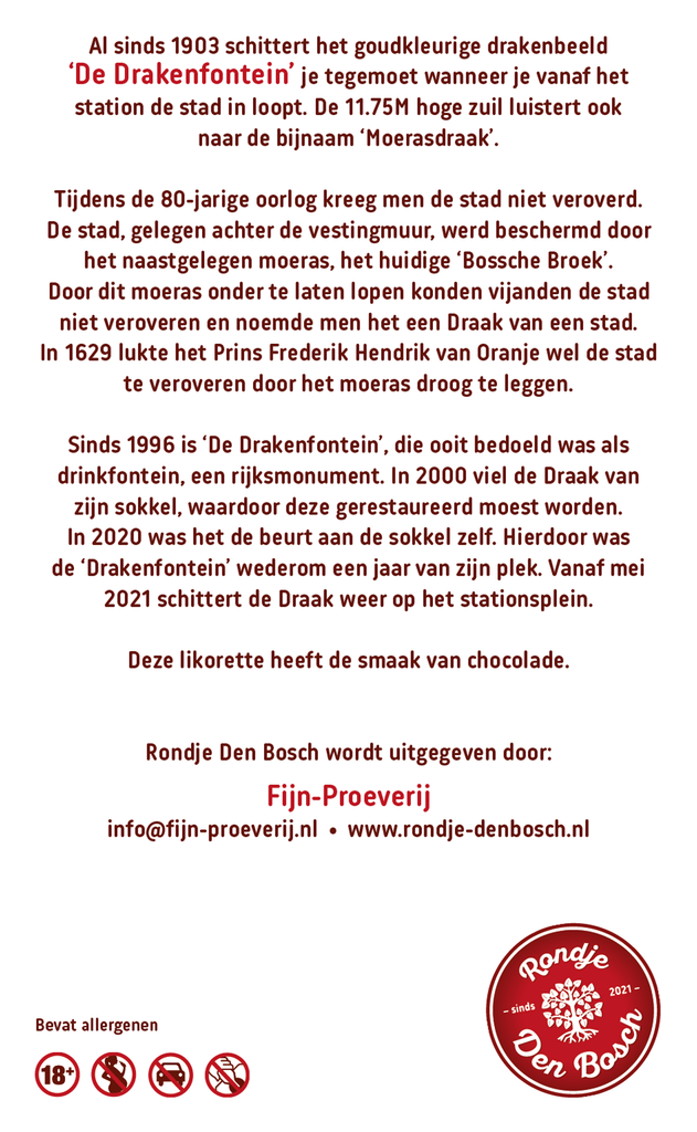 Rondje Den Bosch De Bossche Draak chocolade likorette etiket achterzijde