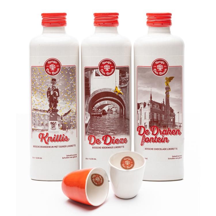 De likorette van Rondje Den Bosch is een laag alcoholhoudende likeur.  'Rondje Den Bosch' bestaat uit 6 verschillende smaken. Iedere smaak heeft een Den Bosch karakter gekoppeld aan bijvoorbeeld een gebouw, plek, gebeurtenis, geschiedenis etc. Zo proeft u de smaken & geschiedenis van Den Bosch. 'Knillis' brandewijn met suiker, 'De Citadel' honing/sinaasappel, 'De Dieze' koekwaus, 'Het Puthuis' karamel, 'De Moriaan' koffie & 'De Bossche Draak' chocolade.