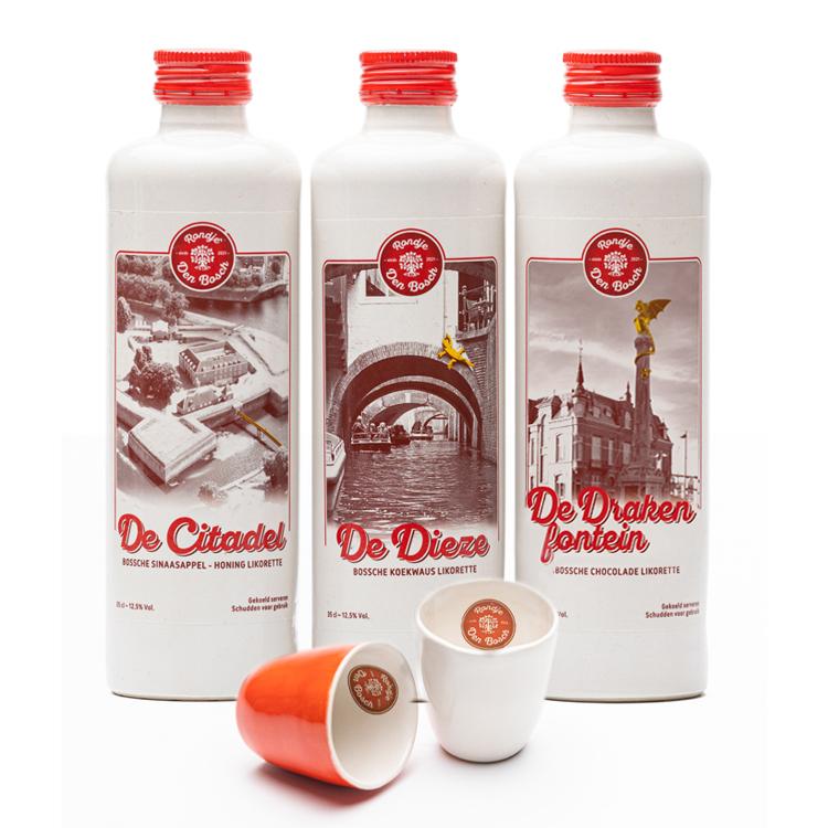 De likorette van Rondje Den Bosch is een laag alcoholhoudende likeur.  'Rondje Den Bosch' bestaat uit 6 verschillende smaken. Iedere smaak heeft een Den Bosch karakter gekoppeld aan bijvoorbeeld een gebouw, plek, gebeurtenis, geschiedenis etc. Zo proeft u de smaken & geschiedenis van Den Bosch. 'Knillis' brandewijn met suiker, 'De Citadel' honing/sinaasappel, 'De Dieze' koekwaus, 'Het Puthuis' karamel, 'De Moriaan' koffie & 'De Bossche Draak' chocolade.