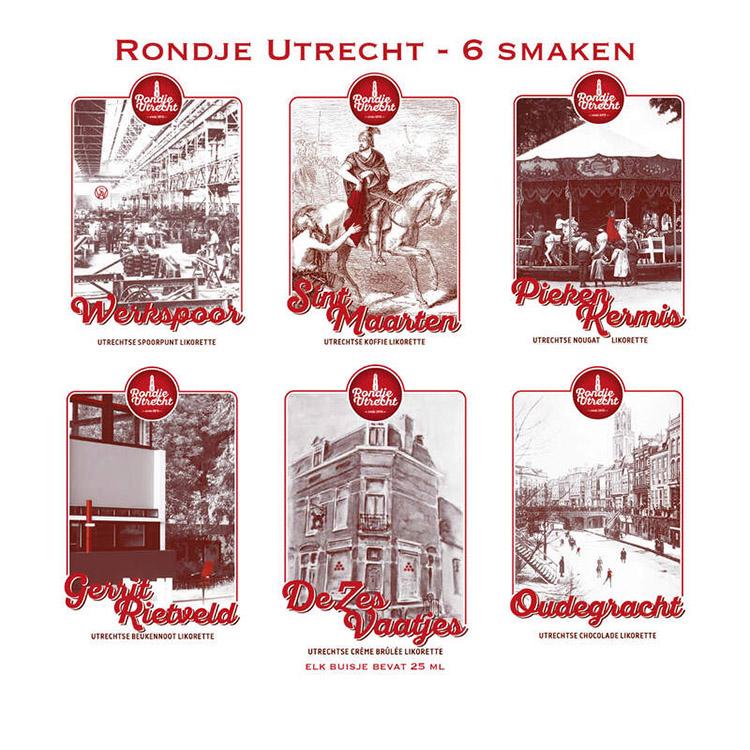 Rondje Utrecht 6 miniaturen set likorettes 2 Ontdek de smaak van Utrecht Werkspoor spoorpunt, Sint Maarten koffie, Piekenkermis nougat, Gerrit Rietveld beukennoot, De Zes Vaatjes crème Brulée, Oudegracht chocolade