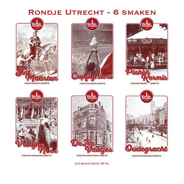 Utrechtse dranken Rondje Utrecht Likorettes Ontdek de smaak van Utrecht 6 smaken Sint Maarten koffie, Cupfighters kersen, Piekenkermis nougat, Vrolijke Noot hazelnoot, De Zes Vaatjes crème Brulée, Oudegracht chocolade