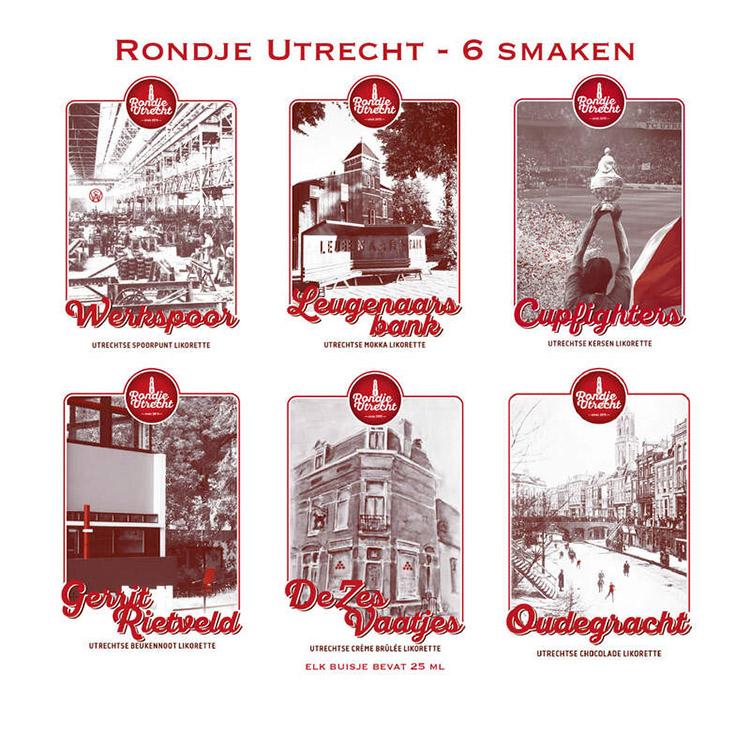 Rondje Utrecht 6 miniaturen set likorettes 7 Ontdek de smaak van Utrecht Werkspoor spoorpunt, Leugenaarsbank mokka, Cupfighters kersen, Gerrit Rietveld beukennoot, De Zes Vaatjes crème Brulée, Oudegracht chocolade