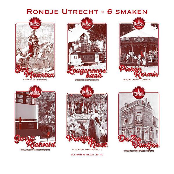 Rondje Utrecht 6 miniaturen set likorettes 8 Ontdek de smaak van Utrecht Sint Maarten koffie, Leugenaarsbank mokka, Piekenkermis nougat, Gerrit Rietveld'
 beukennoot, Vrolijke Noot hazelnoot & De Zes Vaatjes crème Brulée