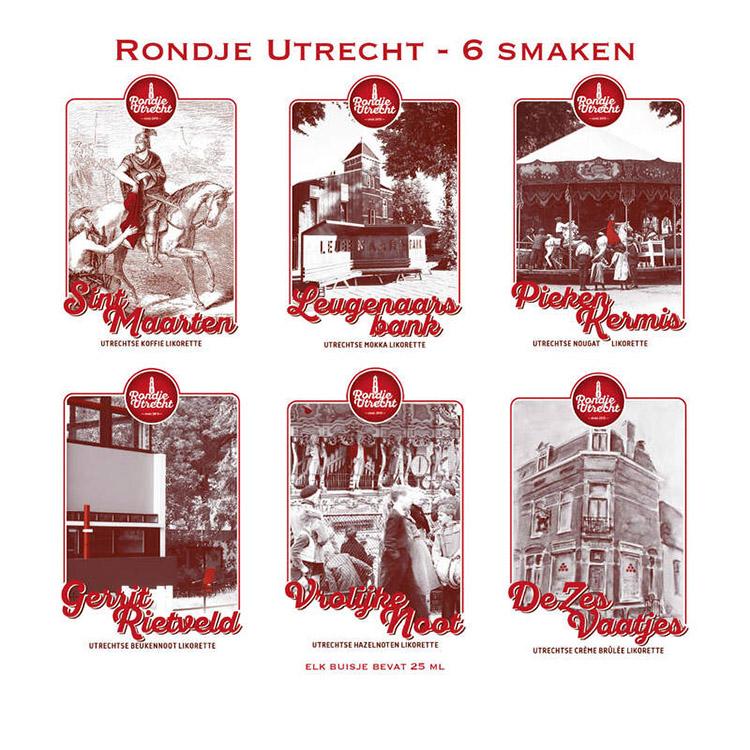 Rondje Utrecht 6 miniaturen set likorettes 8 Ontdek de smaak van Utrecht Sint Maarten koffie, Leugenaarsbank mokka, Piekenkermis nougat, Gerrit Rietveld'
 beukennoot, Vrolijke Noot hazelnoot & De Zes Vaatjes crème Brulée