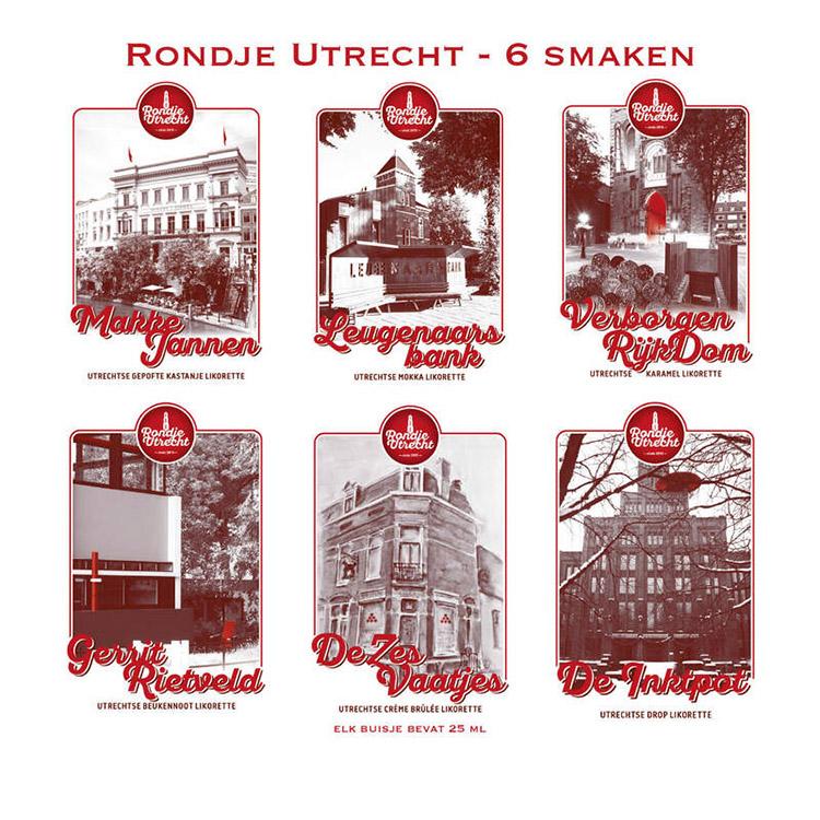 Utrechtse dranken Rondje Utrecht Likorettes Ontdek de smaak van Utrecht 6 smaken 4 Makke Jannen kastanje, Leugenaarsbank mokka, Verborgen RijkDom karamel, Gerrit Rietveld beukennnoot, De Zes Vaatjes crème Brulée, De Inktpot drop