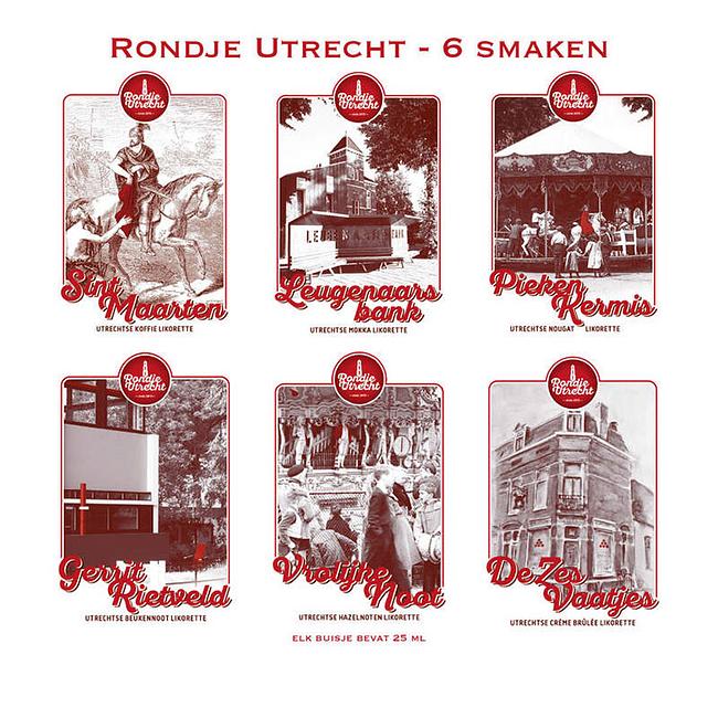 Rondje Utrecht 6 miniaturen set likorettes 8 Sint Maarten koffie, Leugenaarsbank mokka, Piekenkermis nougat, Gerrit Rietveld beukennoot, Vrolijke Noot' hazelnoot & De Zes Vaatjes crème brulée