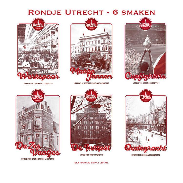Rondje Utrecht 6 miniaturen set likorettes 1 Ontdek de smaak van Utrecht Werkspoor spoorpunt, Makke Jannen kastanje, Cupfighters kersen, De Zes Vaatjes crème Brulée, De Inktpot drop, Oudegracht chocolade