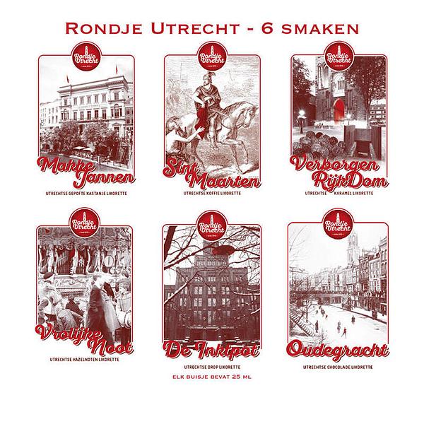 Rondje Utrecht 6 miniaturen set likorettes 4 Ontdek de smaak van Utrecht Makke Jannen kastanje, Sint Maarten koffie, Verborgen RijkDom karamel, Vrolijke Noot hazelnoot, De Inktpot drop, Oudegracht chocolade