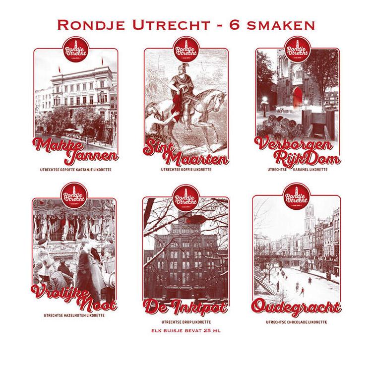 Rondje Utrecht 6 miniaturen set likorettes 4 Ontdek de smaak van Utrecht Makke Jannen kastanje, Sint Maarten koffie, Verborgen RijkDom karamel, Vrolijke Noot hazelnoot, De Inktpot drop, Oudegracht chocolade