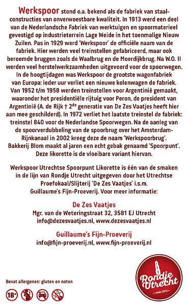 Rondje Utrecht Makke Jannen Gepofte Tamme Kastanje Likorette Miniatuur Rondje Utrecht likorette likeur Werkspoor Spoorpunt, Makke Jannen Kastanje, Sint Maarten Koffie, Leugenaarsbank Mokka, Gerrit Rietveld Beukennoot, Cupfighters Kersen, De Inktpot Drop, Oudegracht Chocolade, Piekenkermis Nougat, Verborgen RijkDOM Karamel, Vrolijke noot Hazelnoot, De Zes Vaatjes Crème Brulée Fijn-Proeverij Rondje Nederland