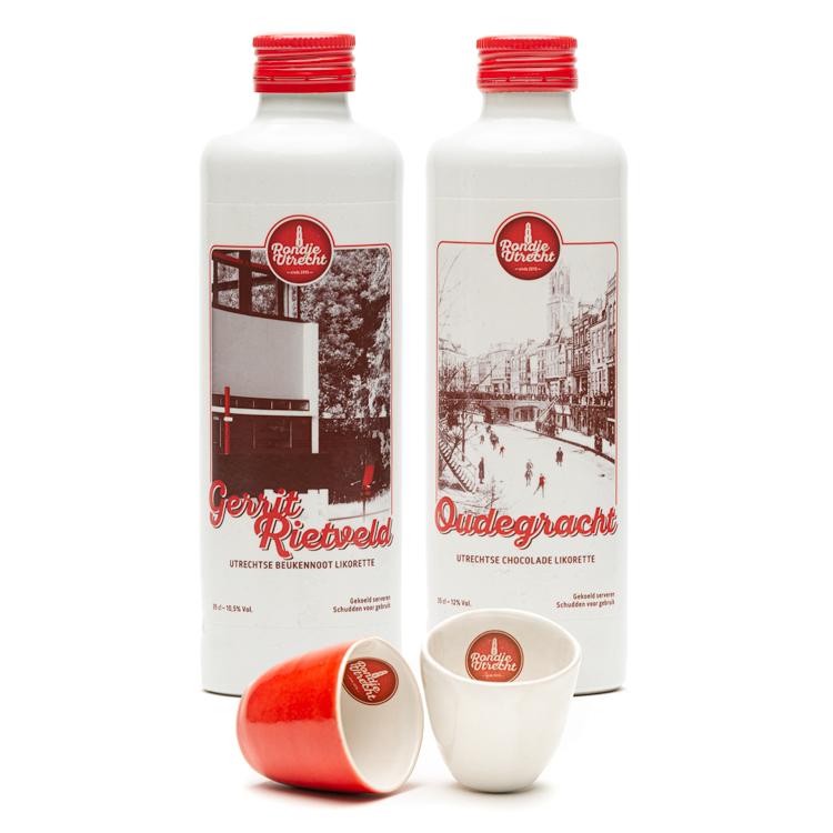 Rondje Utrecht likorette likeur + likeurglaasjes Sint Maarten koffie likorette & Oudegracht Chocolade likorette